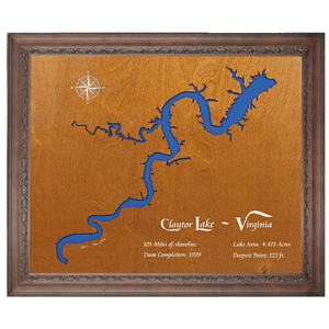 Claytor Lake, Virginia Stained Wood and Dark Walnut Frame Lake Map Silhouette