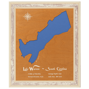 Lake Warren, South Carolina Stained Wood and Distressed White Frame Lake Map Silhouette