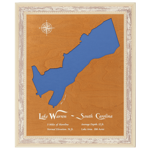 Lake Warren, South Carolina Stained Wood and Distressed White Frame Lake Map Silhouette