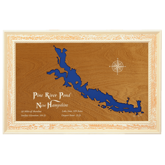 Pine River Pond, New Hampshire Stained Wood and Distressed White Frame Lake Map Silhouette