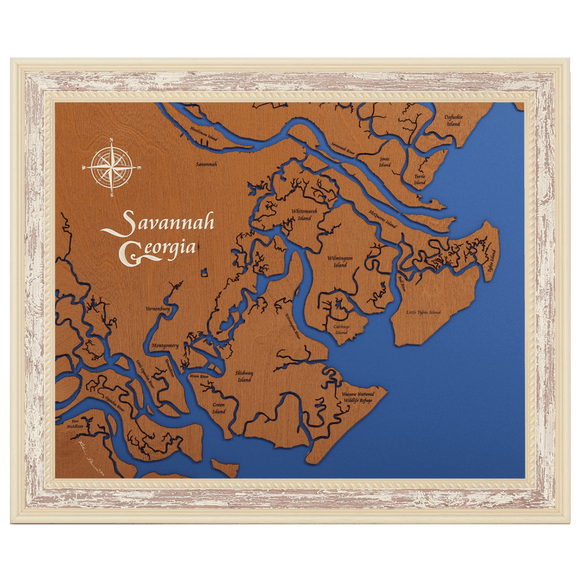 Savannah, Georgia Stained Wood and Distressed White Frame Lake Map Silhouette