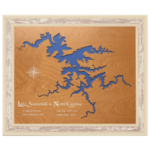 Lake Santeetlah, North Carolina Stained Wood and Distressed White Frame Lake Map Silhouette