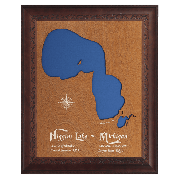 Higgins Lake, Michigan Stained Wood and Dark Walnut Frame Lake Map Silhouette