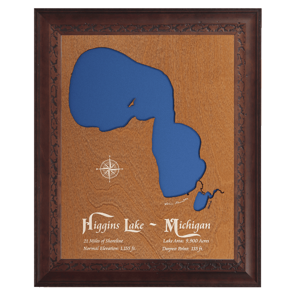 Higgins Lake, Michigan Stained Wood and Dark Walnut Frame Lake Map Silhouette