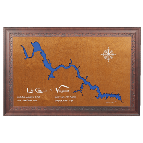 Lake Chesdin, Virginia Stained Wood and Dark Walnut Frame Lake Map Silhouette