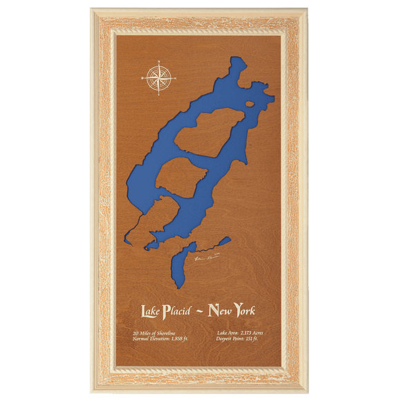 Lake Placid, New York Stained Wood and Distressed White Frame Lake Map Silhouette