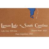 Lyman Lake, South Carolina Stained Wood and Distressed White Frame Lake Map Silhouette