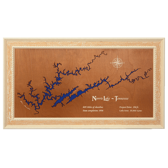 Norris Lake, Tennessee Stained Wood and Distressed White Frame Lake Map Silhouette