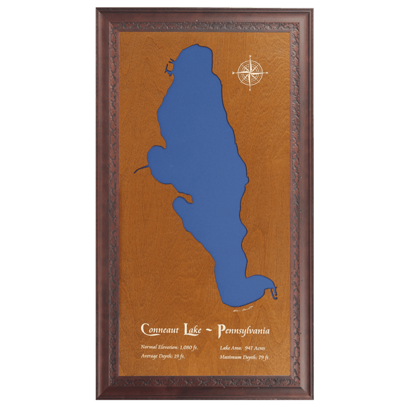 Conneaut Lake, Pennsylvania Stained Wood and Dark Walnut Frame Lake Map Silhouette