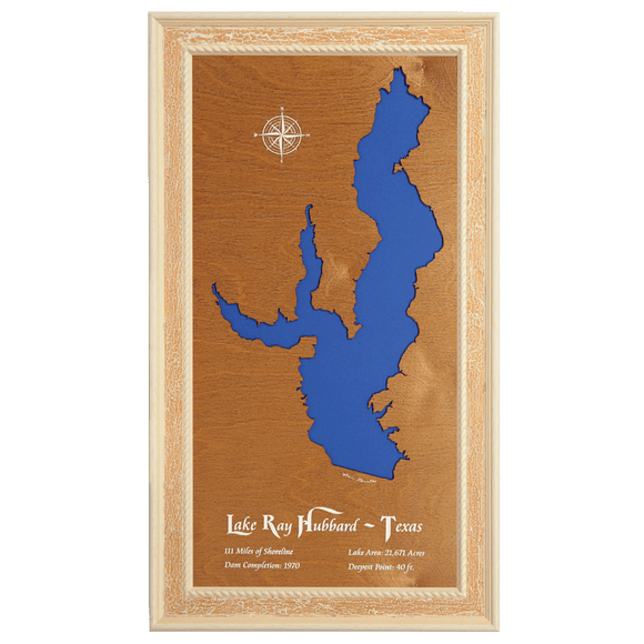Lake Ray Hubbard, Texas Stained Wood and Distressed White Frame Lake Map Silhouette