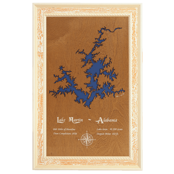 Lake Martin, Alabama Stained Wood and Distressed White Frame Lake Map Silhouette
