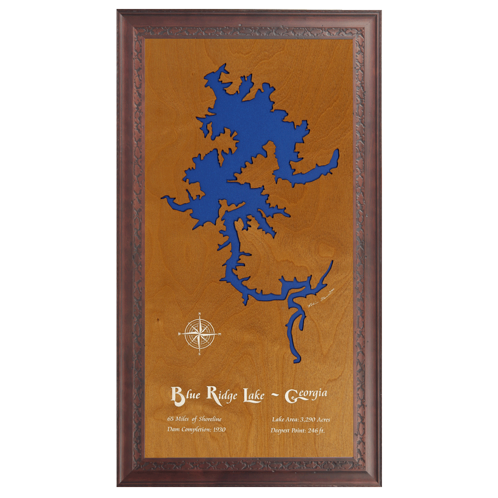 Blue Ridge Lake, Georgia Stained Wood and Dark Walnut Frame Lake Map S ...