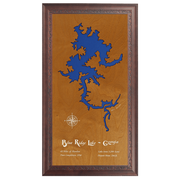 Blue Ridge Lake, Georgia Stained Wood and Dark Walnut Frame Lake Map Silhouette
