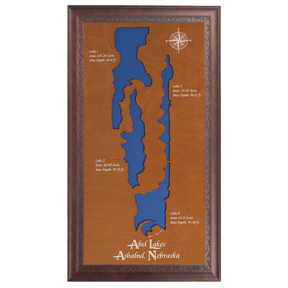 Abel Lakes, Nebraska Stained Wood and Dark Walnut Frame Lake Map Silhouette