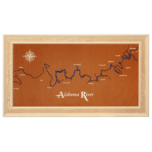 Alabama River, Alabama Stained Wood and Distressed White Frame Lake Map Silhouette