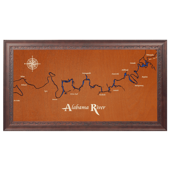 Alabama River, Alabama Stained Wood and Dark Walnut Frame Lake Map Silhouette