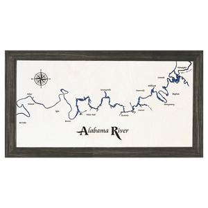 Alabama River, Alabama White Washed Wood and Distressed Black Frame Lake Map Silhouette