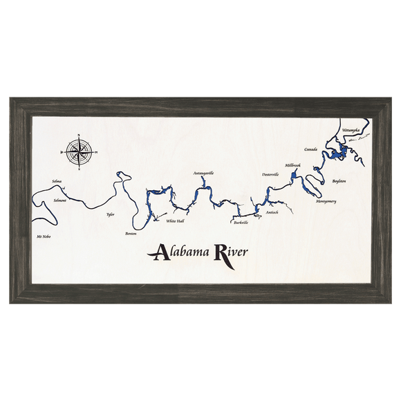 Alabama River, Alabama White Washed Wood and Distressed Black Frame Lake Map Silhouette