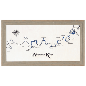Alabama River, Alabama White Washed Wood and Rustic Gray Frame Lake Map Silhouette