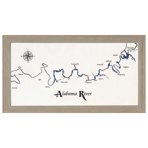 Alabama River, Alabama White Washed Wood and Rustic Gray Frame Lake Map Silhouette