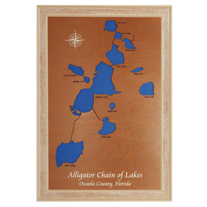 Alligator Chain of Lakes, Florida Stained Wood and Distressed White Frame Lake Map Silhouette