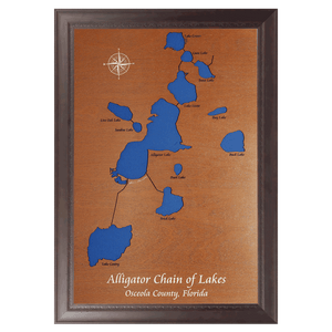 Alligator Chain of Lakes, Florida Stained Wood and Dark Walnut Frame Lake Map Silhouette