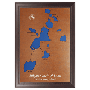 Alligator Chain of Lakes, Florida Stained Wood and Dark Walnut Frame Lake Map Silhouette