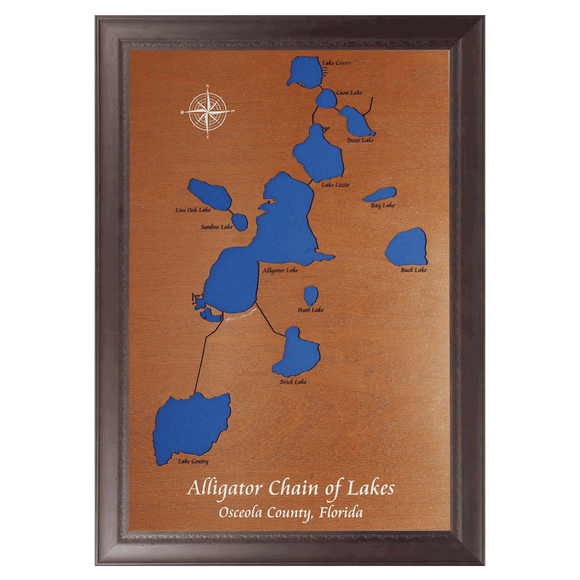 Alligator Chain of Lakes, Florida Stained Wood and Dark Walnut Frame Lake Map Silhouette