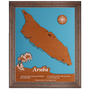 Aruba Island Stained Wood and Dark Walnut Frame Lake Map Silhouette