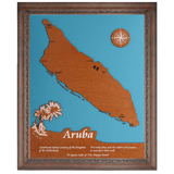 Aruba Island Stained Wood and Dark Walnut Frame Lake Map Silhouette