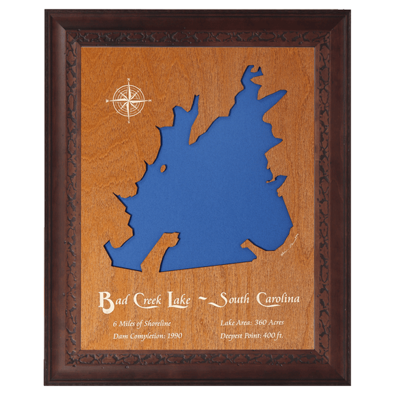 Bad Creek Lake, South Carolina Stained Wood and Dark Walnut Frame Lake Map Silhouette