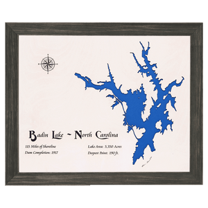 Badin Lake, North Carolina White Washed Wood and Distressed Black Frame Lake Map Silhouette