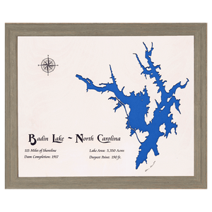 Badin Lake, North Carolina White Washed Wood and Rustic Gray Frame Lake Map Silhouette