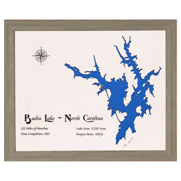 Badin Lake, North Carolina White Washed Wood and Rustic Gray Frame Lake Map Silhouette