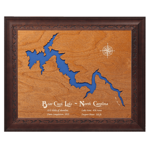 Bear Creek Lake, North Carolina Stained Wood and Dark Walnut Frame Lake Map Silhouette