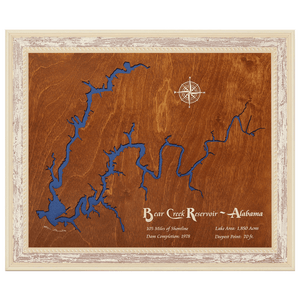 Bear Creek Reservoir, Alabama Stained Wood and Distressed White Frame Lake Map Silhouette