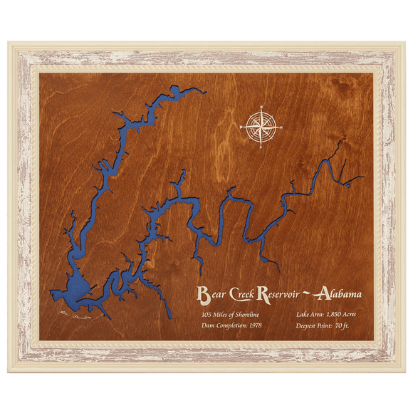 Bear Creek Reservoir, Alabama Stained Wood and Distressed White Frame Lake Map Silhouette