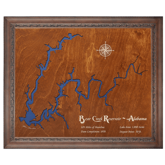 Bear Creek Reservoir, Alabama Stained Wood and Dark Walnut Frame Lake Map Silhouette