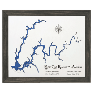 Bear Creek Reservoir, Alabama White Washed Wood and Distressed Black Frame Lake Map Silhouette