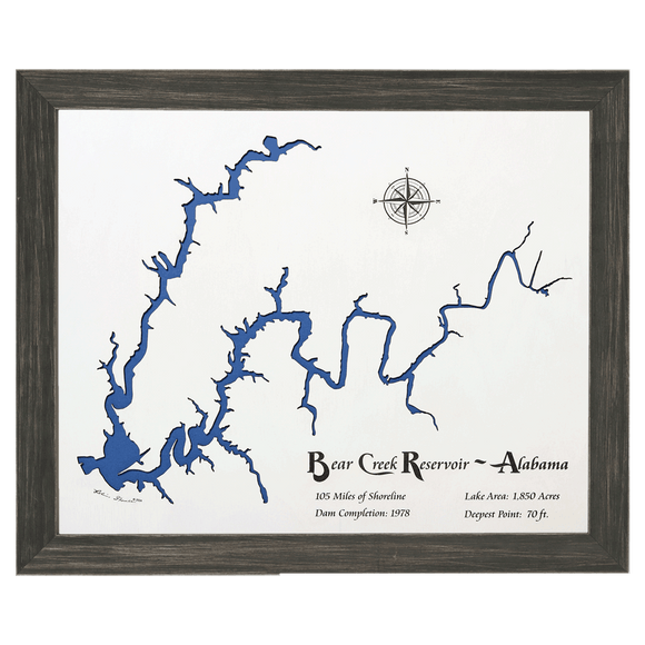 Bear Creek Reservoir, Alabama White Washed Wood and Distressed Black Frame Lake Map Silhouette