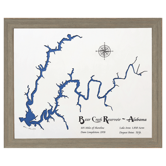 Bear Creek Reservoir, Alabama White Washed Wood and Rustic Gray Frame Lake Map Silhouette