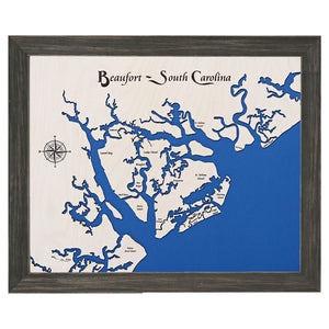 Beaufort, South Carolina White Washed Wood and Distressed Black Frame Lake Map Silhouette