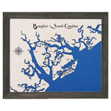 Beaufort, South Carolina White Washed Wood and Distressed Black Frame Lake Map Silhouette