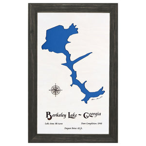 Berkeley Lake, Georgia White Washed Wood and Distressed Black Frame Lake Map Silhouette