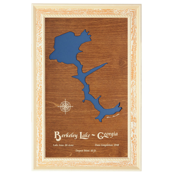 Berkeley Lake, Georgia Stained Wood and Distressed White Frame Lake Map Silhouette