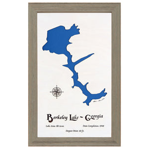 Berkeley Lake, Georgia White Washed Wood and Rustic Gray Frame Lake Map Silhouette