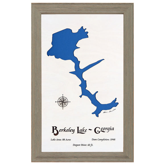 Berkeley Lake, Georgia White Washed Wood and Rustic Gray Frame Lake Map Silhouette