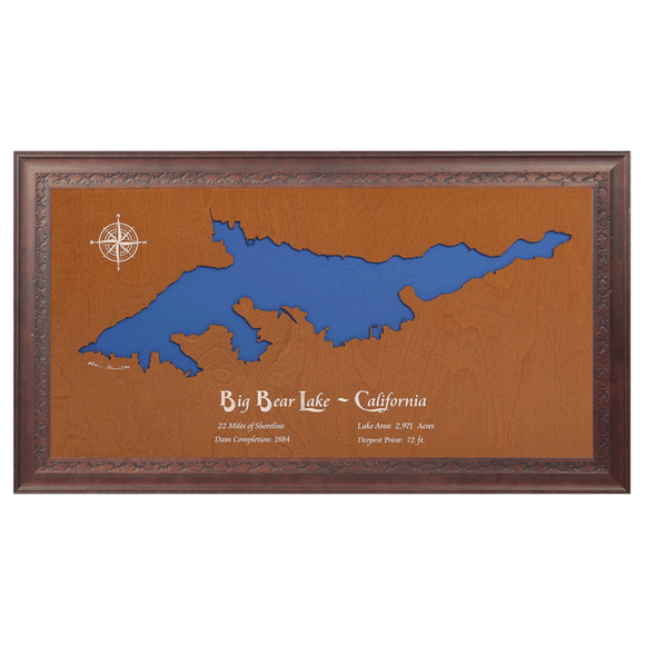 Big Bear Lake, California Stained Wood and Dark Walnut Frame Lake Map Silhouette