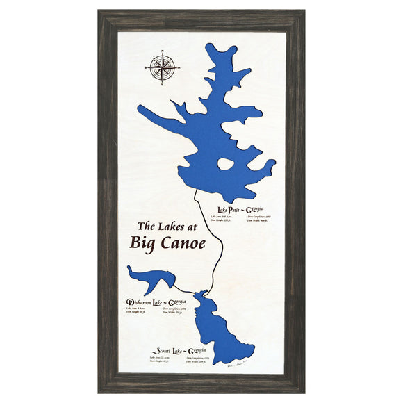 The Lakes at Big Canoe, Georgia White Washed Wood and Distressed Black Frame Lake Map Silhouette