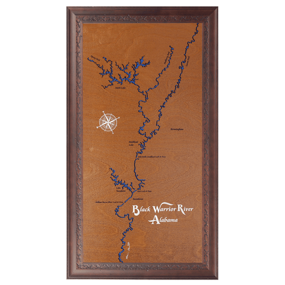 Black Warrior River, Alabama Stained Wood and Dark Walnut Frame Lake Map Silhouette